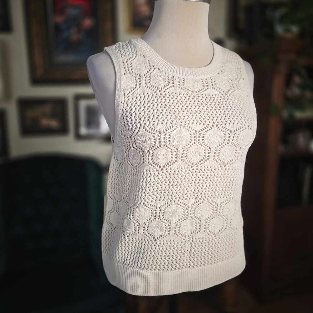 Splendid Knit Vest Top Cream Crochet Sleeveless Sweater Honeycomb Medium Boho